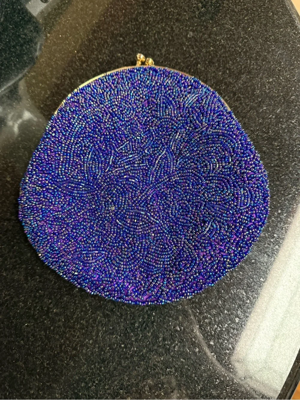 Vintage 80s Beaded Round Evening Clutch - Iridescent Blueish Purple approx 7”
